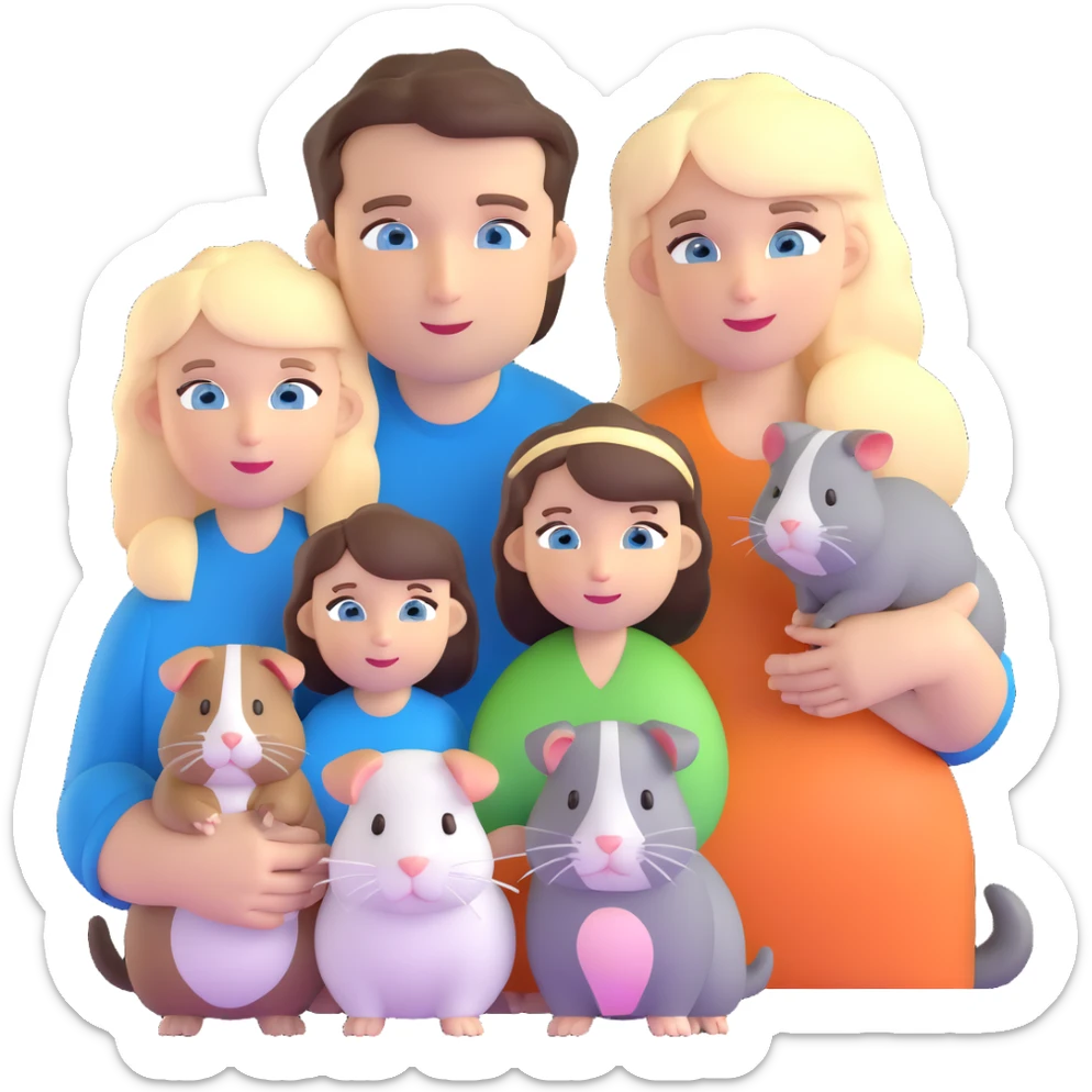 Family portrait with father with dark brown hair and blue eyes, mother with light brown hair and blue eyes, three blonde little girls with blue eyes, plus a grey cat and two guinea pigs sticker