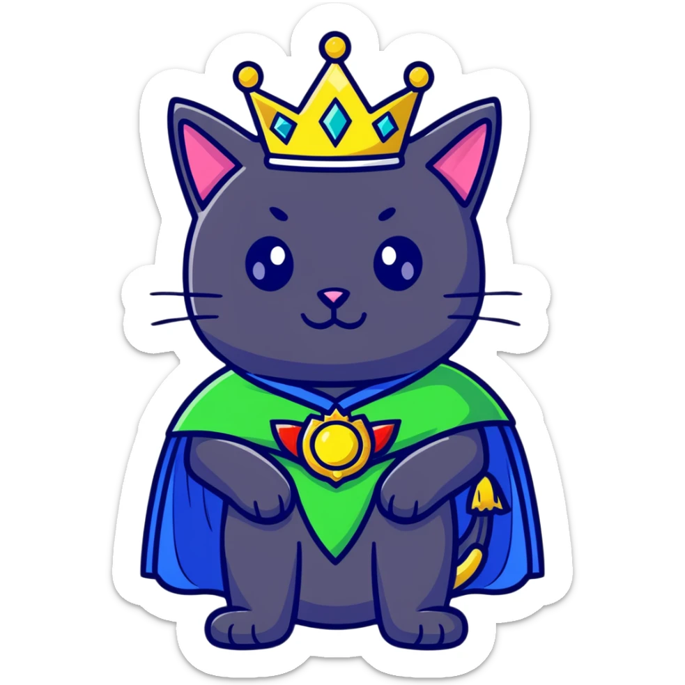 black cat with brilliant neon green eyes wearing a royal blue cape trimmed in gold and a crown with jewels sticker