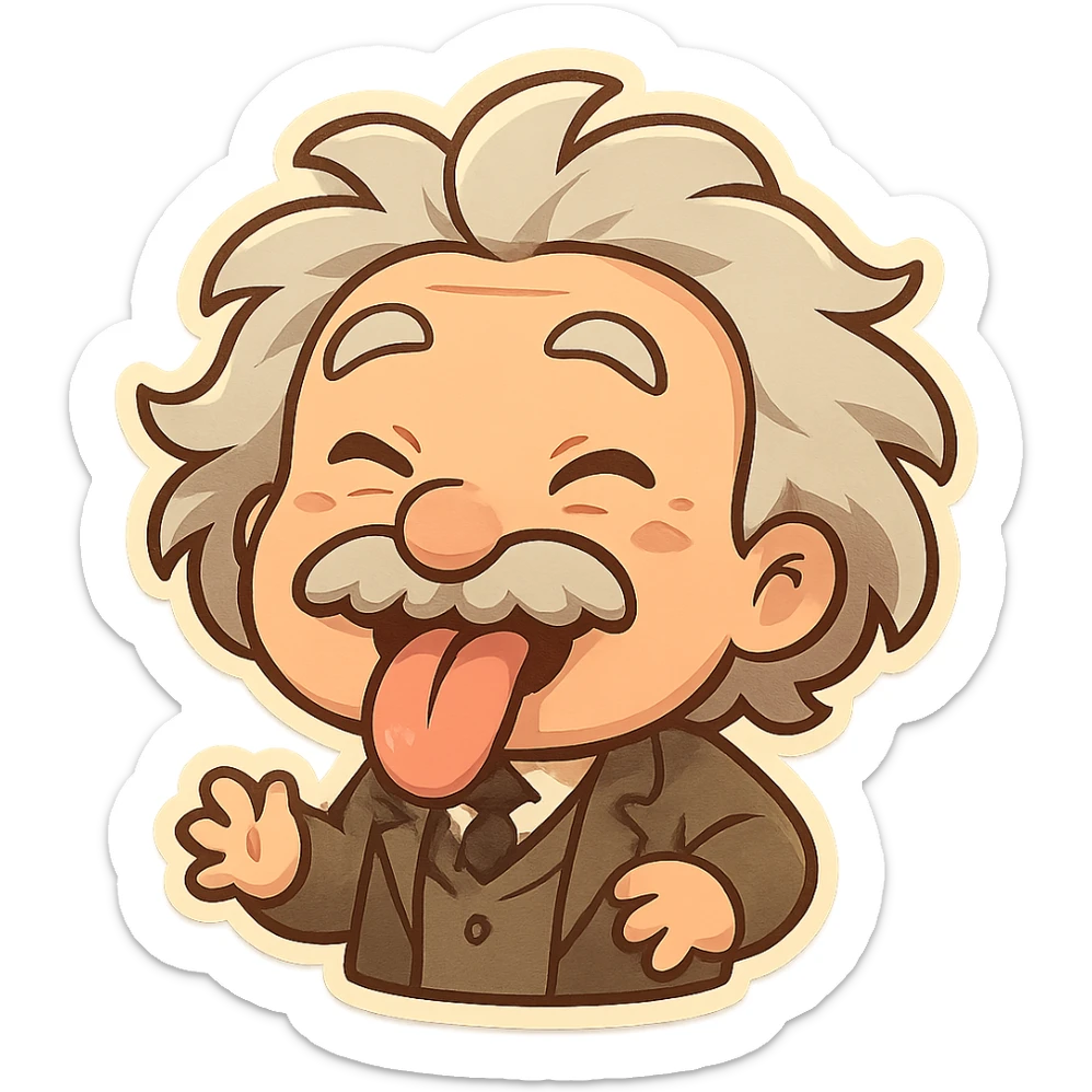 Einstein sticking out his tongue, cartoon style, zany face, playful and exaggerated expression sticker