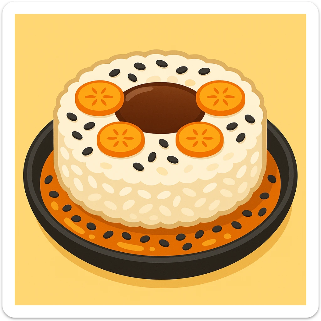 A dish of rice topped with black sesame seeds and soy sauce, emoji style. sticker