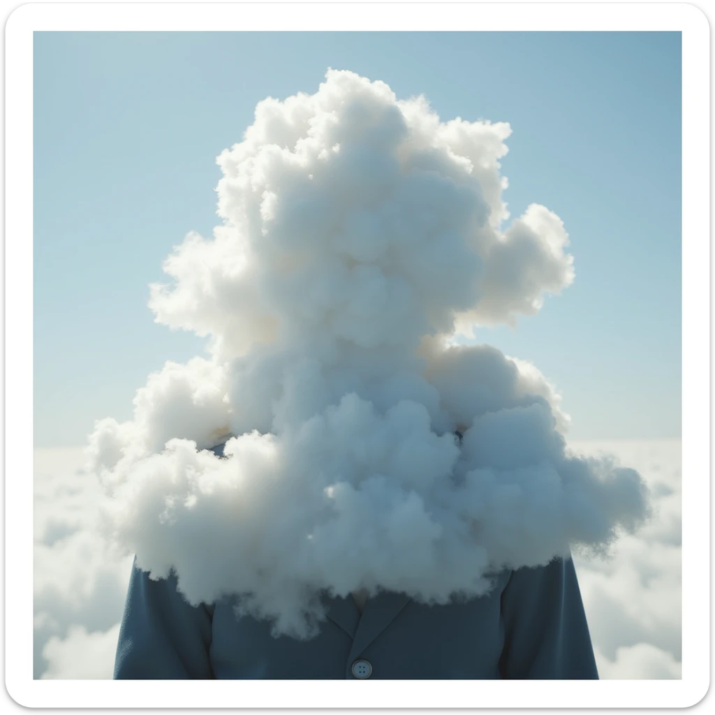 person, upper body up to the shoulders entirely composed of voluminous clouds, clouds forming the silhouette, realistic illustration sticker