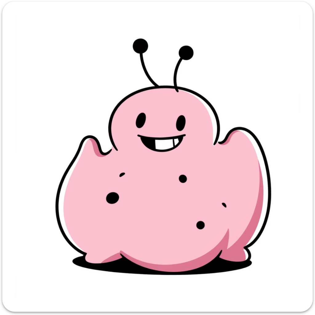 Majin Buu from Dragon Ball Z, pink blob monster with holes, antenna on head, mischievous smile sticker