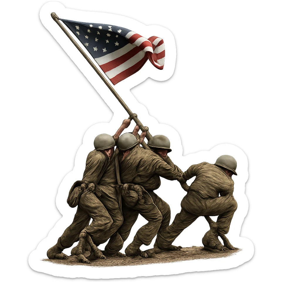 three soldiers pushing a flagpole, inspired by the Raising the Flag on Iwo Jima photo, realistic and dynamic composition, no text, suitable for an icon sticker
