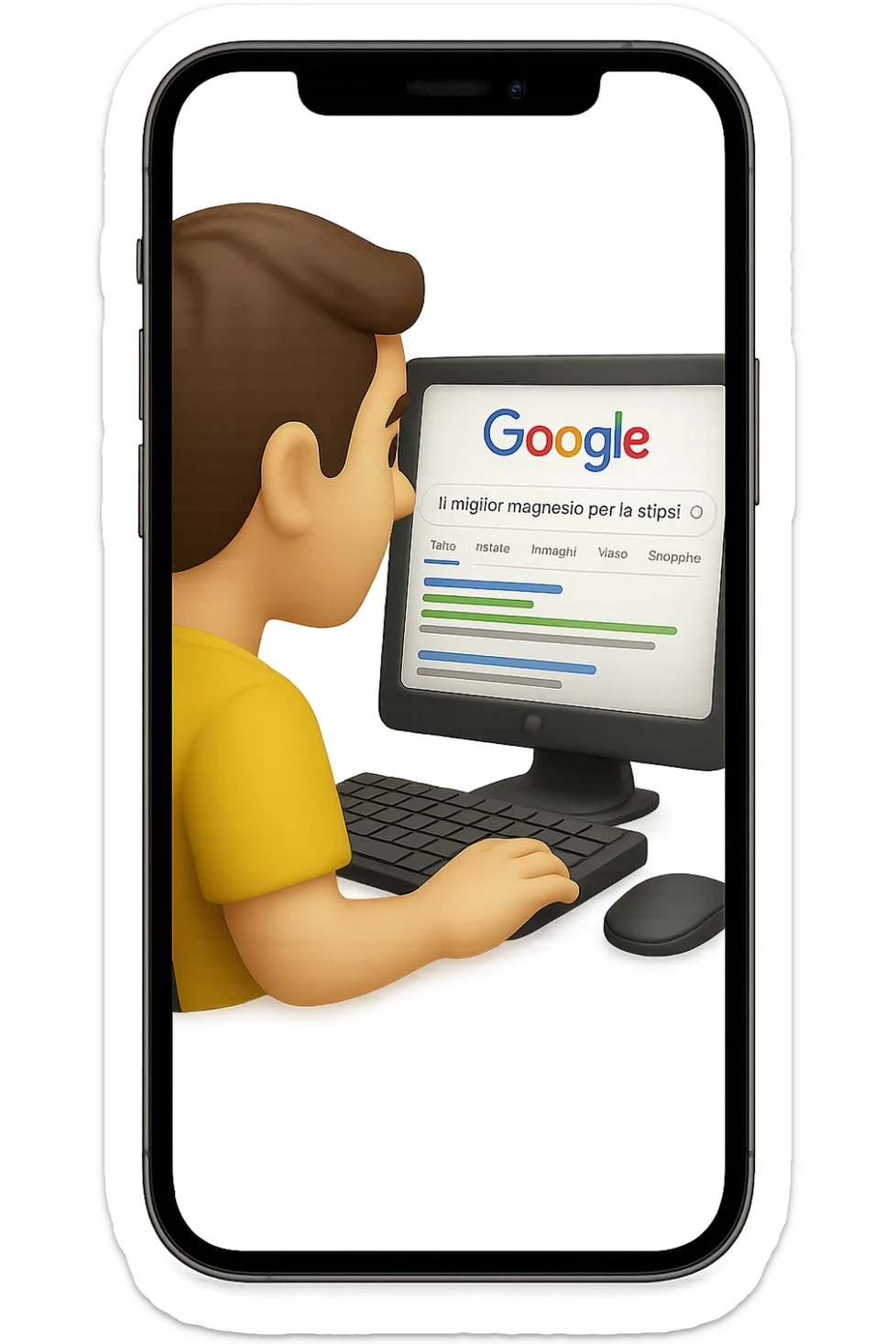 emoji stile iphone di un uomo davanti al pc che cerca di google: "Il miglior magnesio per la stipsi", iperrealistico 4k sticker