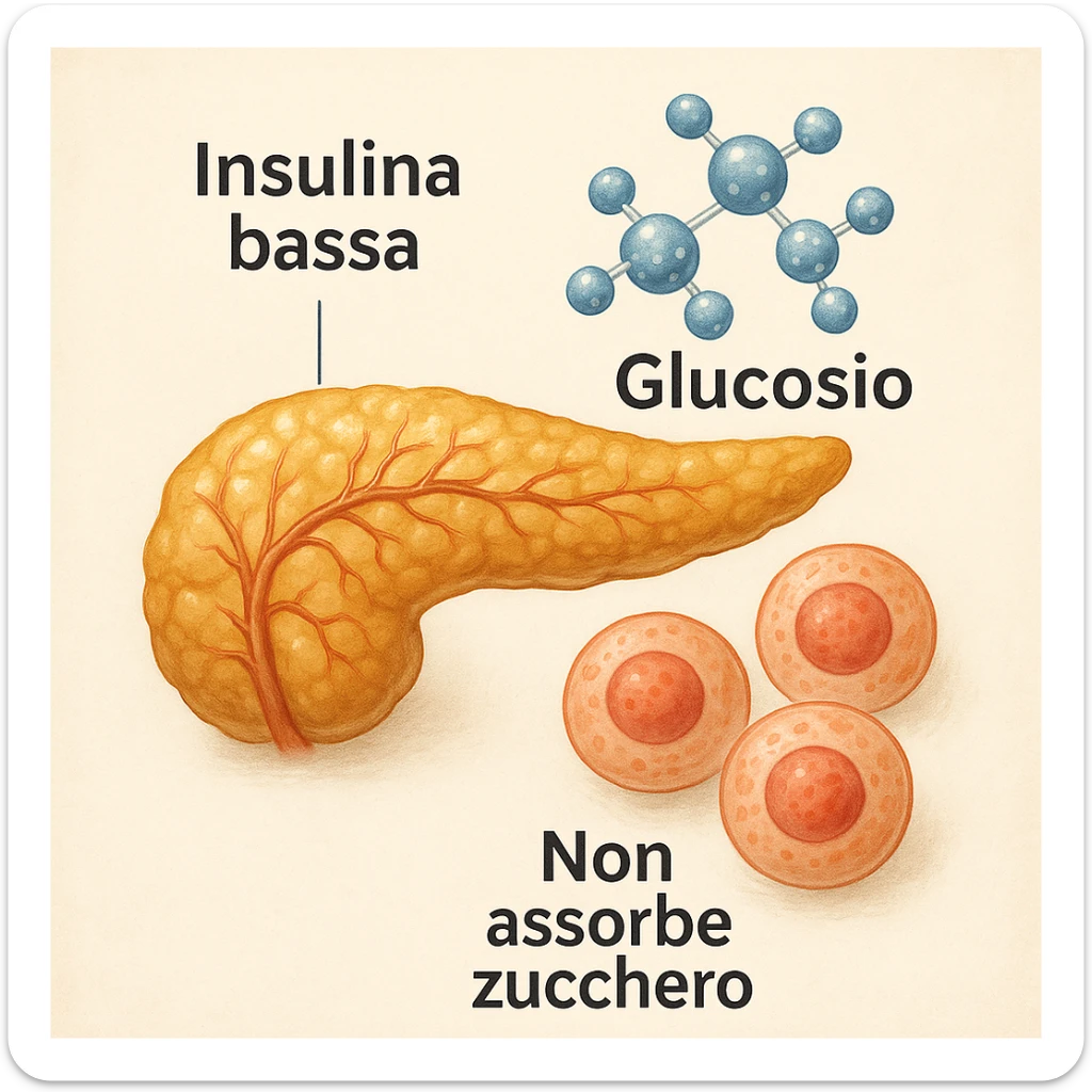 Add clear and legible Italian text to the icons in a realistic and symbolic-medical style: label the pancreas with 'Insulina bassa', the molecules with 'Glucosio', and the cells with 'Non assorbe zucchero'. Maintain the realistic and symbolic-medical style with clear and readable text. sticker