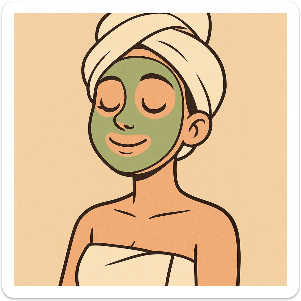 lady with a green spa face mask, eyes closed, wrapped in a towel, peaceful, cartoon style sticker