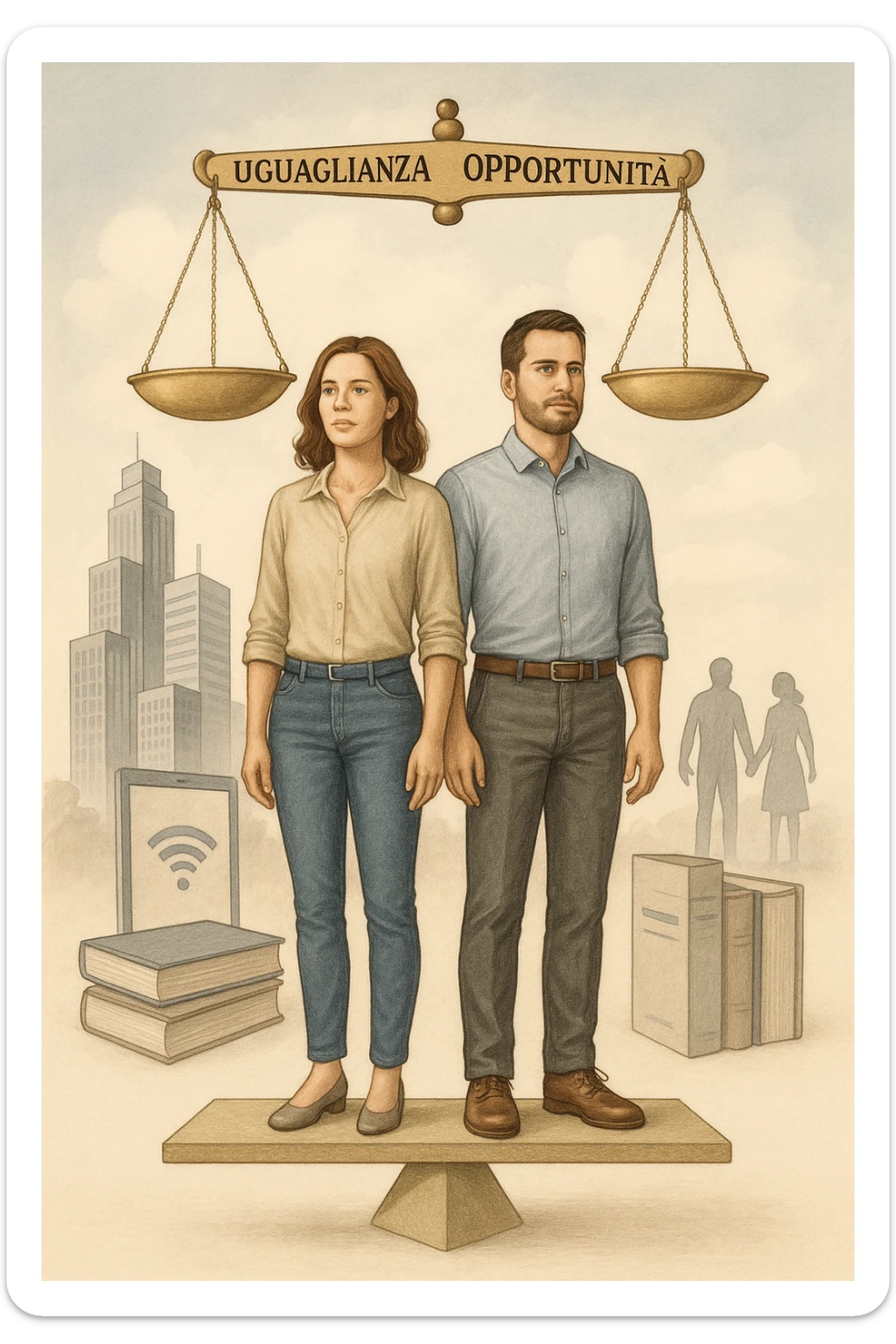 Un uomo e una donna, entrambi tra i 30 e i 40 anni, in piedi fianco a fianco su un piedistallo unico che rappresenta l’equilibrio. Indossano abiti moderni da lavoro o casual, con sguardi determinati e sereni. Sullo sfondo, simboli di società moderna: grattacieli, tecnologia, libri, famiglia. Sopra di loro, una bilancia perfettamente equilibrata con i simboli 'uguaglianza', 'opportunità', 'rispetto'. La scena è armoniosa, luminosa, con colori neutri e un tono positivo. Stile realistico con accenti simbolici in italiano sticker