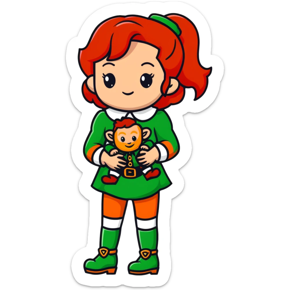 girl with red hair and brown eyes with a leprechaun sticker