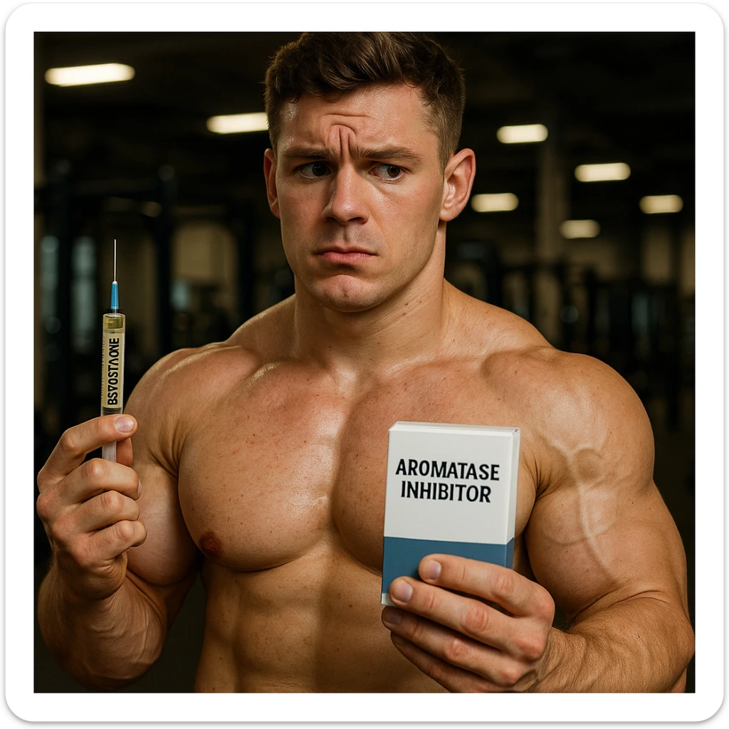realistic young athlete with swollen muscles but marked skin holding syringe of testosterone and box of aromatase inhibitor, doubtful look, gym background, 4K quality sticker