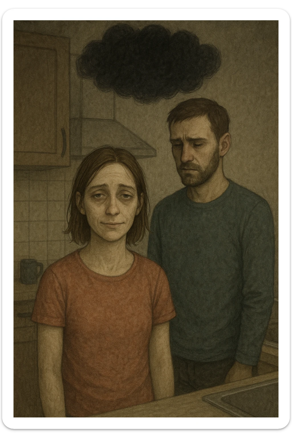 Vertical format: A couple in a kitchen, the woman trying to smile but appearing empty and drained, the man with a black cloud above his head, creating a heavy and tense atmosphere. sticker