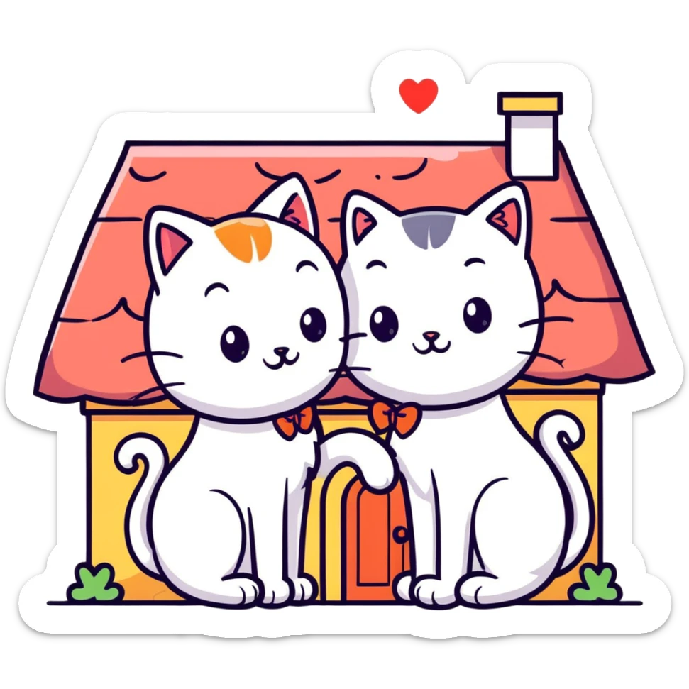 two happy cats in love with a house behind them that has a bow on the roof sticker