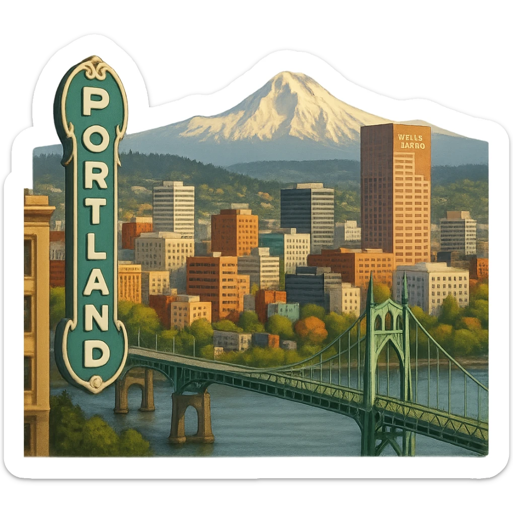 cinematic realistic emoji of Portland, wide city view with iconic landmarks including Portland sign, St. Johns Bridge, Wells Fargo Center, Mount Hood in the background, lifelike detail, accurate colors, bright daytime lighting, no sky, no clouds, fully transparent background sticker