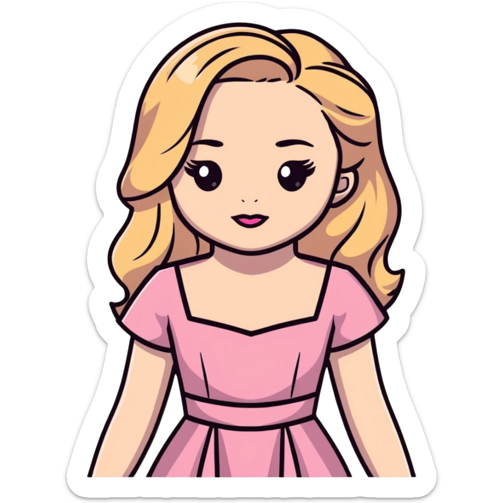 Sabrina Carpenter blonde singer in her Short n' Sweet era, pink dress and glamorous sticker
