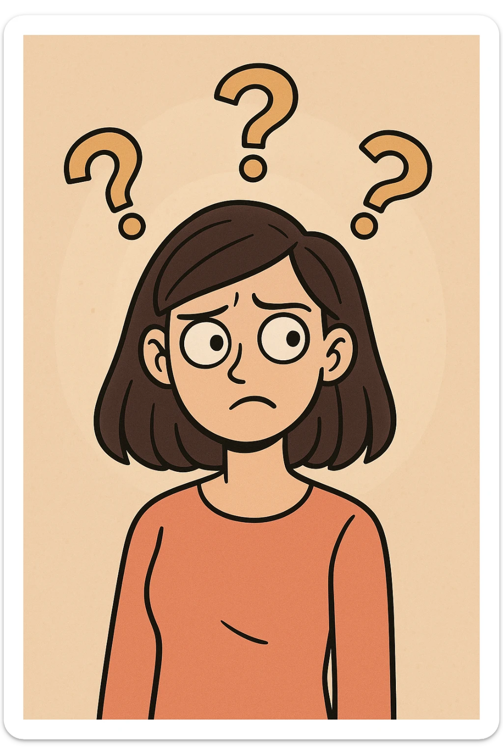 confused woman with straight dark hair, head tilted, question marks circling around her, cartoon style sticker