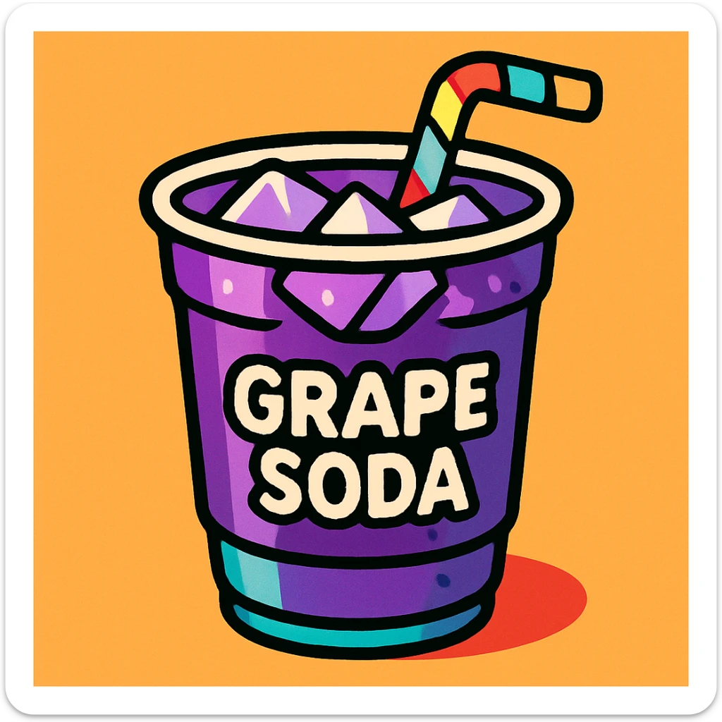 clean, vibrant color cartoon illustration of a cup of grape soda with a purple hue, ice cubes, and a fun straw, TikTok-inspired, minimal and bold sticker