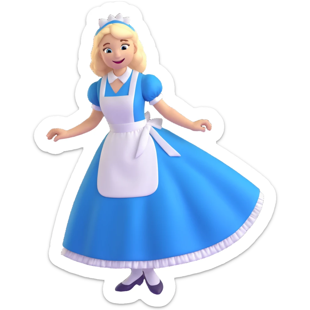 Disney's Alice in Wonderland with a big smile while curtseying in her blue dress with white apron sticker