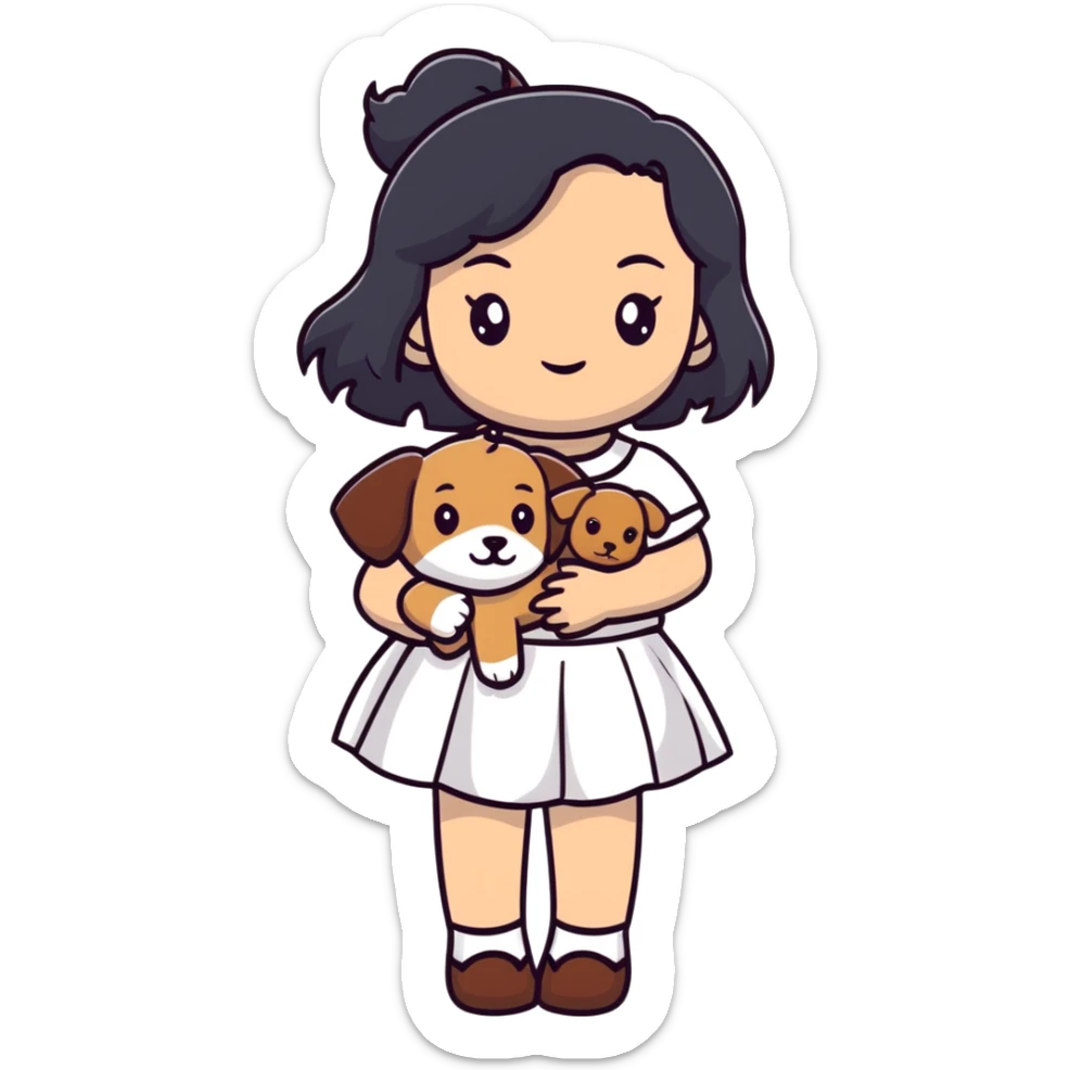 A beautiful girl with long straight black hair wearing a white skirt holding a small brown curly teddy dog sticker