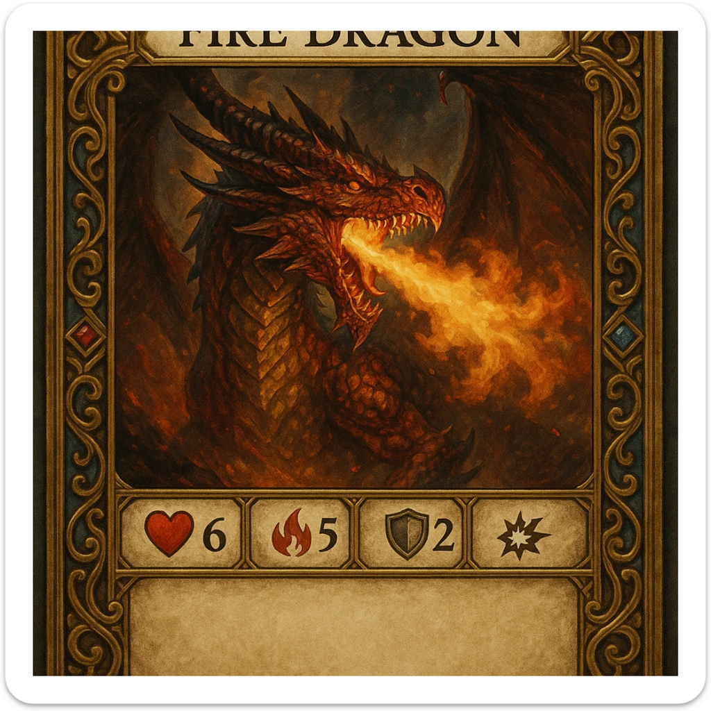 ornate RPG card of a fire dragon breathing fire, info panels for health, fire, armor, special power, description area, elaborate fantasy border, intricate details, vibrant dramatic fantasy art style sticker