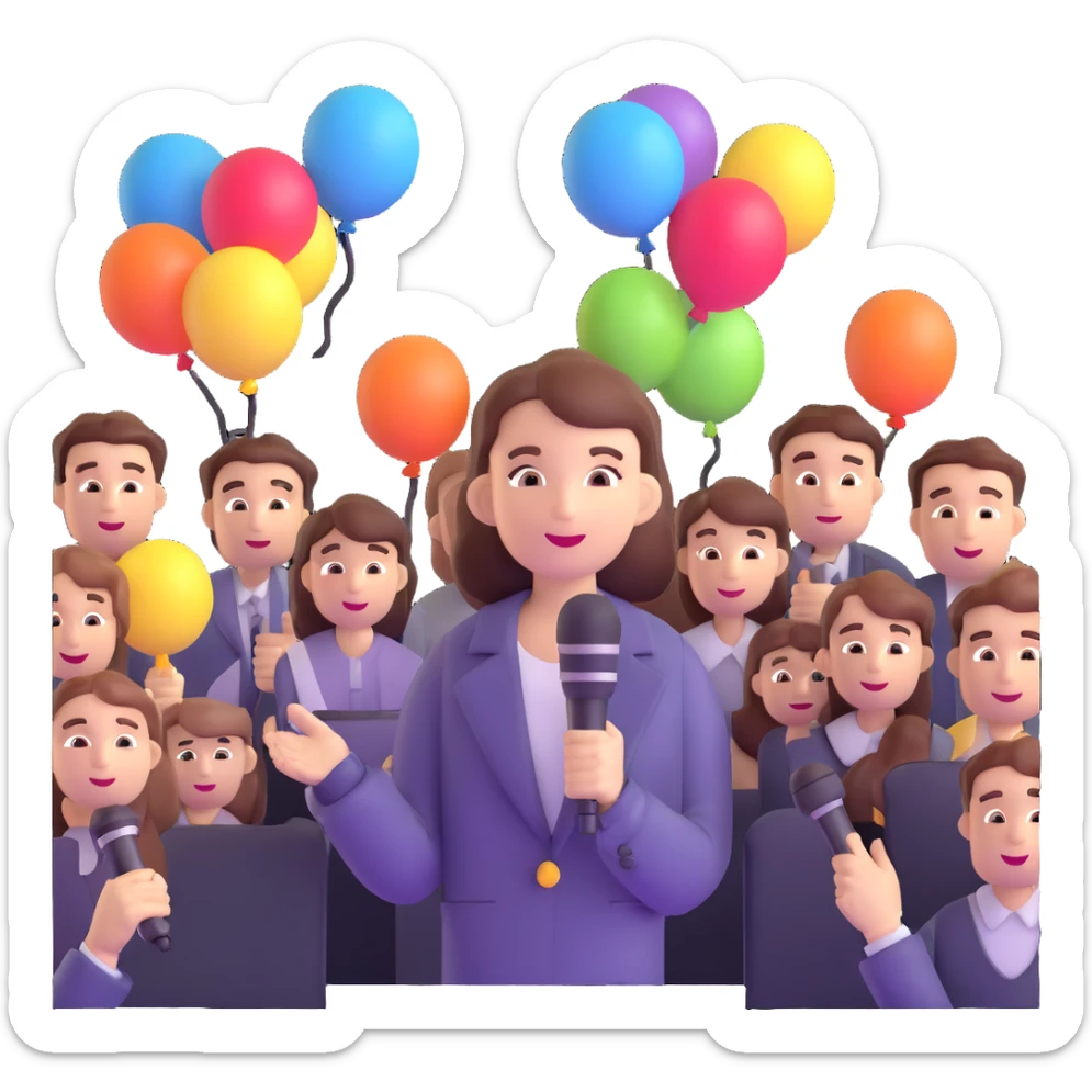 woman using a microphone to promote a product to customers outdoors, with a small crowd and balloons sticker