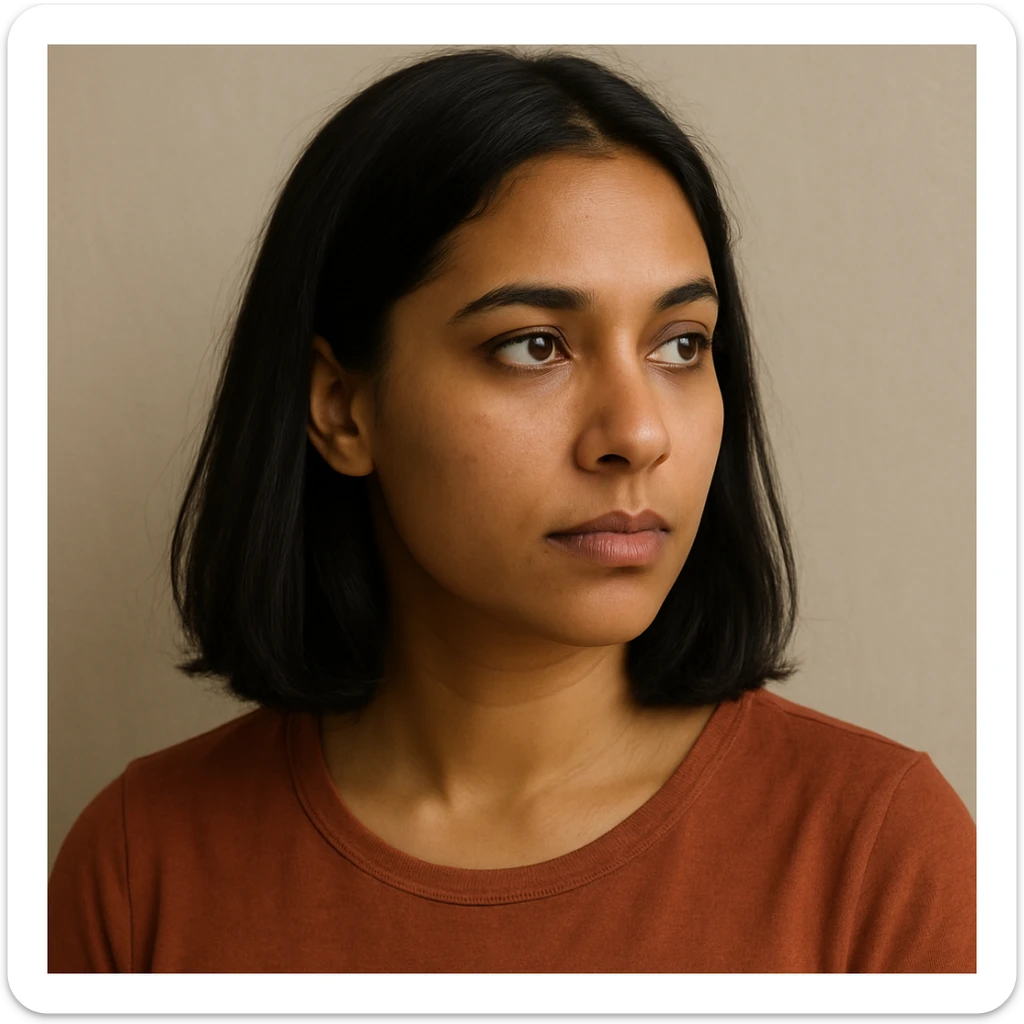 portrait of a light brown skinned female with shoulder length black hair, looking to the side, simple background sticker