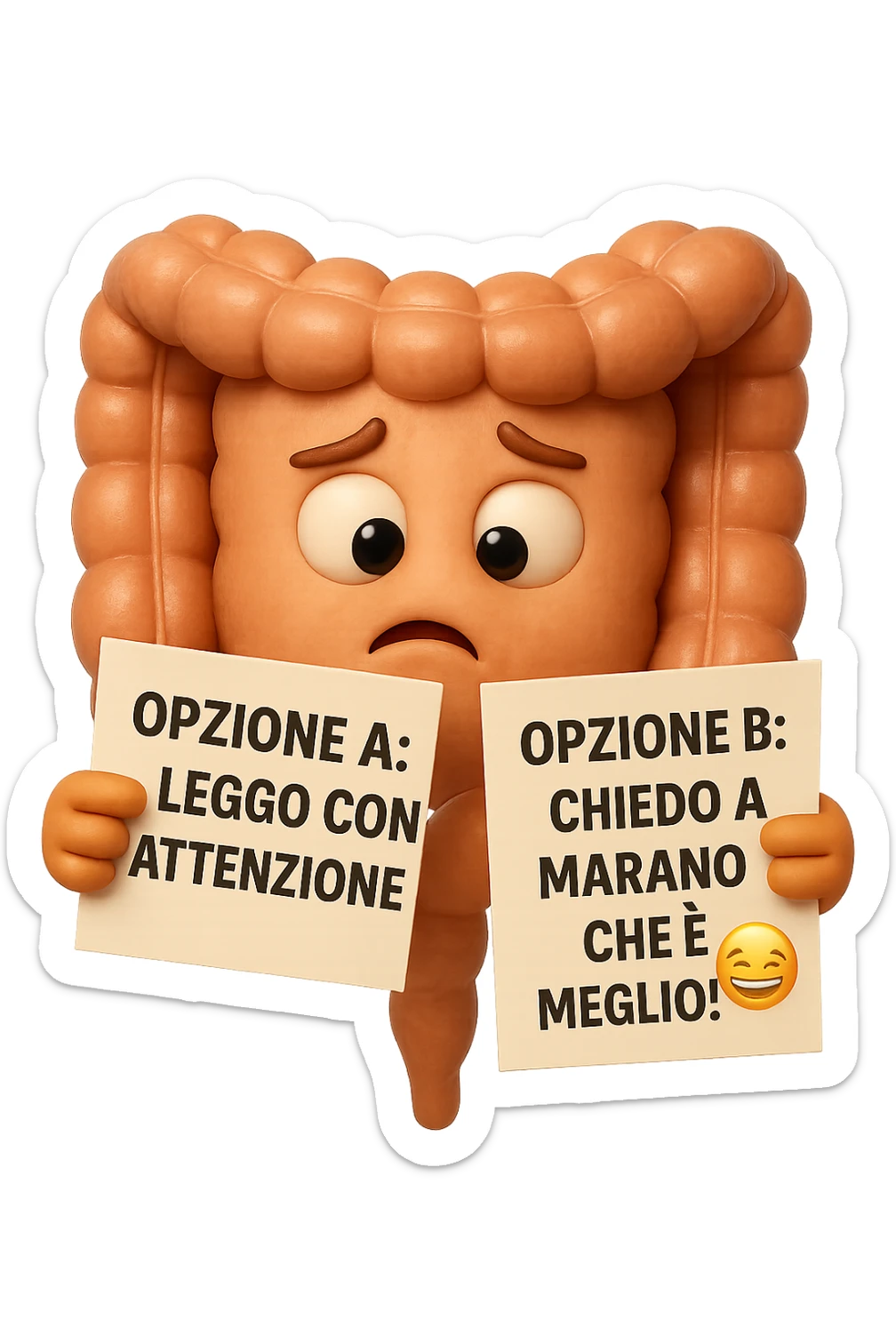 SU QUESTO STILE FAI UN EMOJI STILE IPHONE 3D DI UN INTESTINO CHE HA nella mano destra "OPZIONE A: LEGGO CON ATTENZIONE" E NELLA MANO SINISTRA" OPZIONE B: CHIEDO A MARANO CHE è MEGLIO! (METTICI UNO SMILE CON RISATE QUI)", FAGLI UN ESPRESSIONE CONFUSA MENTRE GUARDA L'OPZIONE A E FALLO MOLTO REALISTICO IN 3D sticker