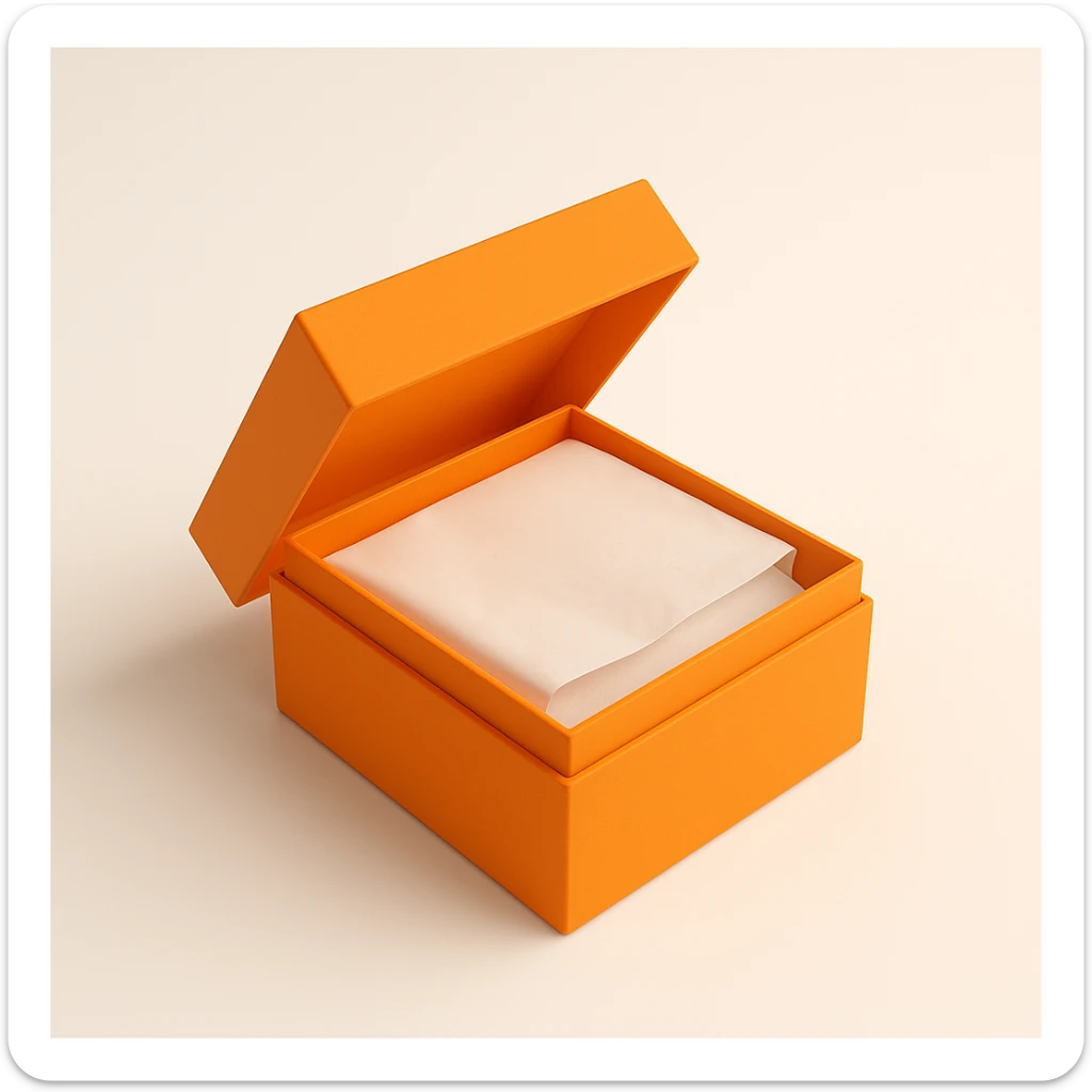 3D style orange Hermès box, same square shape and proportions as reference, slightly open with tissue paper inside, minimal, no logo, on white or transparent background sticker