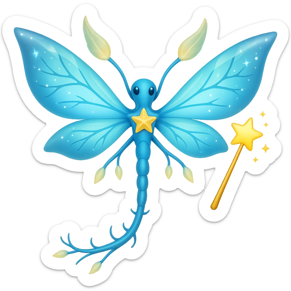Add a magic wand to the neuron with sparkling fairy wings in the style of apple emojis, keeping the apple emoji style exactly, no background. sticker
