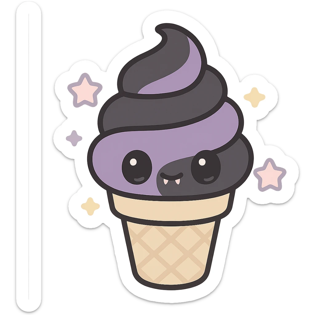 kawaii style gothic ice cream cone, cute face, black and purple swirls, tiny fangs, pastel stars, fun and gothic sticker