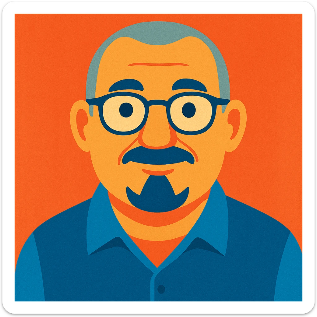 portrait cartoon d'un homme de 60 ans, cheveux très courts gris, visage rond, lunettes, moustache et bouc court sticker