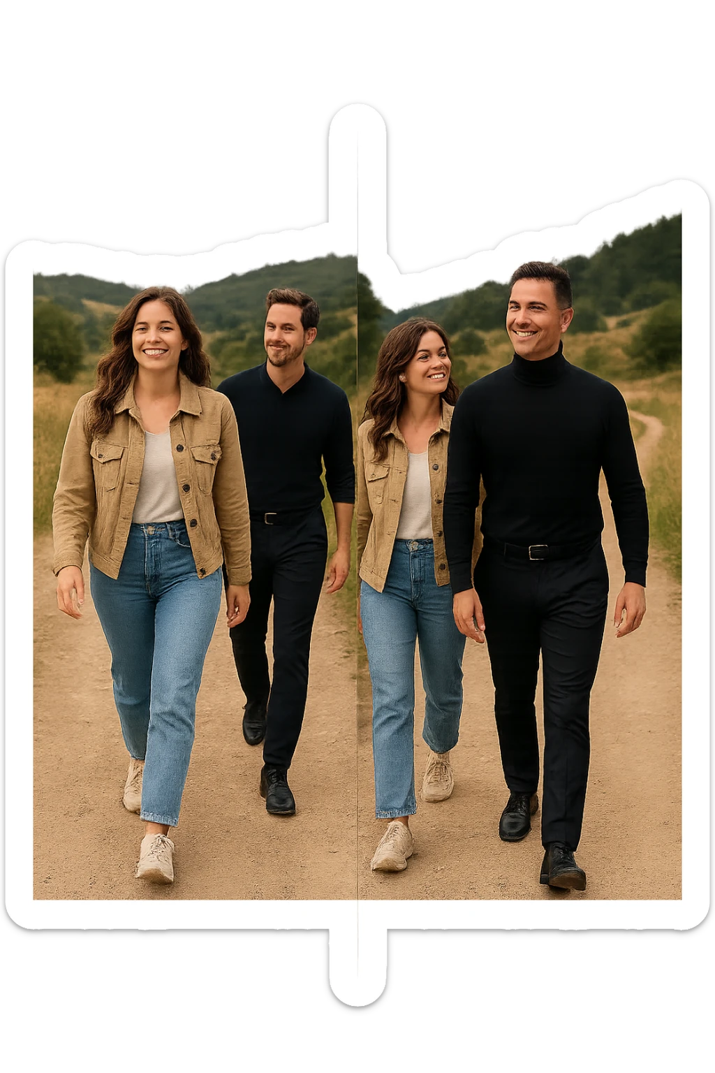 a man and a woman walk together along a winding path in a natural landscape. In one version, the woman leads confidently while the man follows a few steps behind, looking at lei con ammirazione. In un’altra versione, i ruoli sono invertiti, con l’uomo che guida e la donna che lo segue sorridendo. La scena trasmette l’idea che entrambi possano guidare o seguire, a seconda del momento. sticker