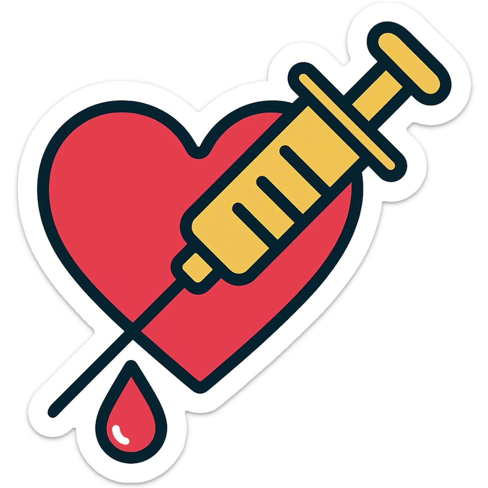 Add a blood drip coming from the syringe and heart. Keep the color outline style and no background. sticker
