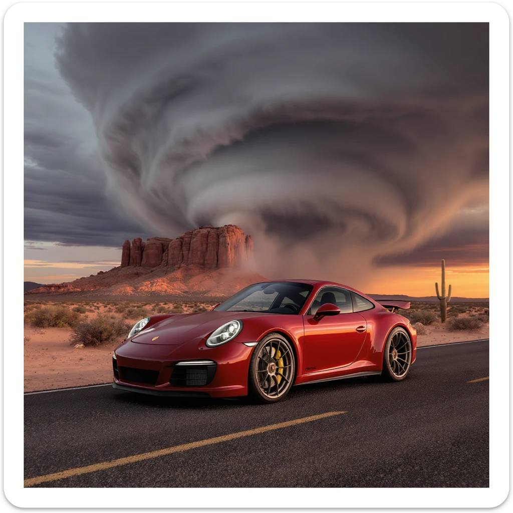 A modern desert mountain, wallpaper, modern, porsche 911, sunset, arizona desert, tornado in background sticker