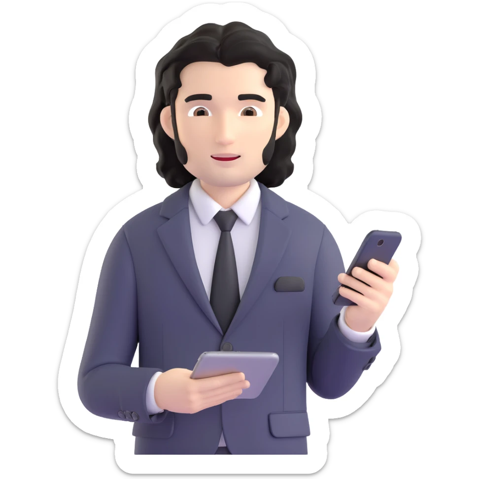 Business strategist with black wavy hair, stubble, chiseled face, wearing blazer and button-up shirt, working on digital devices, surrounded by data visualizations and AI technology, innovative tech-savvy expression sticker