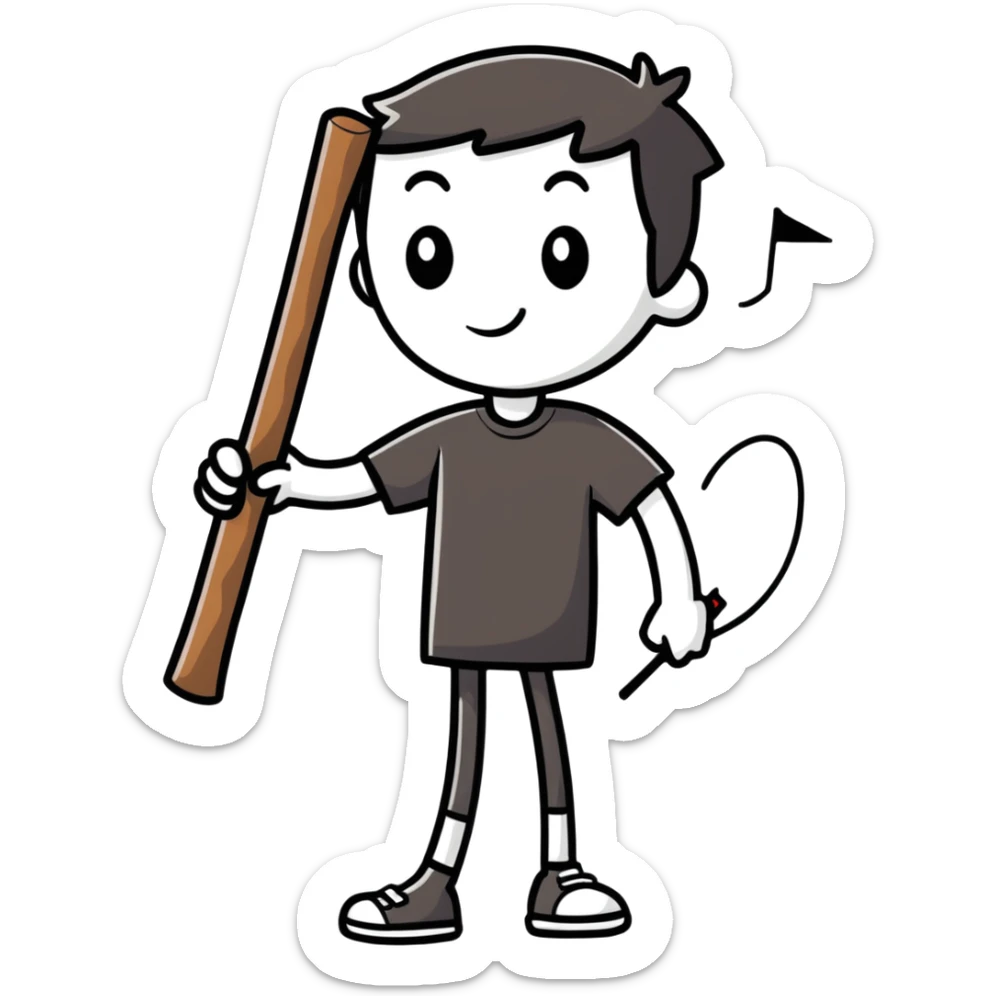 cartoonish sticker of a stick man in a colorful T-shirt, playful pose sticker