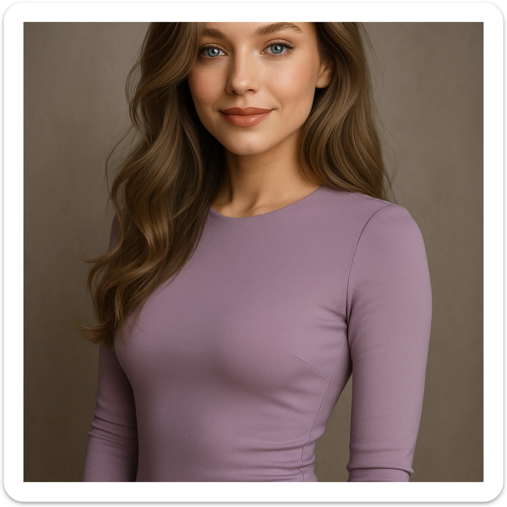 A stylish woman with a gentle smile, long, a bit curly light ash brown hair, blue eyes, nude lipstick, wearing a body-hugging light purple dress, chic and modern look. sticker