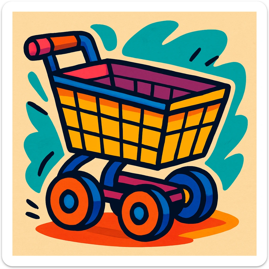 shopping cart in cartoon style, exaggerated wheels and colors, colorful and dynamic sticker
