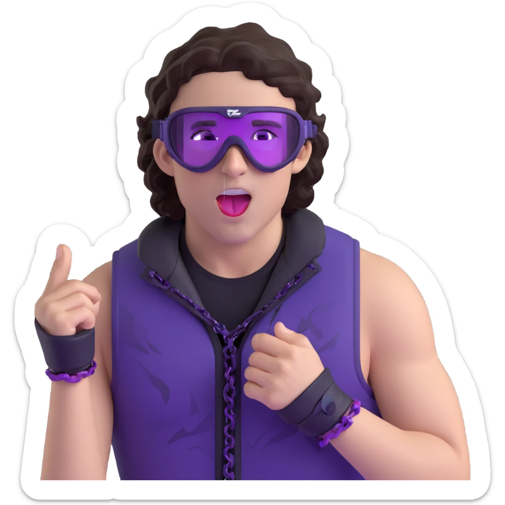 close-up of bad guy male athlete with white skin and moderately curly dark brown hair on top with shaved sides, wearing ski goggles with purple frames and very dark black lenses, a simple plain black chain necklace, and a completely unzipped sleeveless vest with purple and black sequin fire pattern design with no logo, pulling his tongue out very far in an exaggerated mocking gesture, looking menacing and villainous sticker