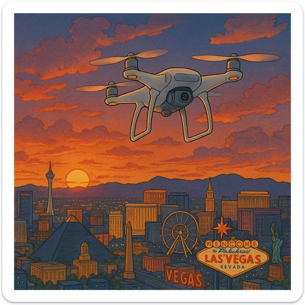 ghibli style illustration of a drone soaring over Las Vegas at sunset sticker