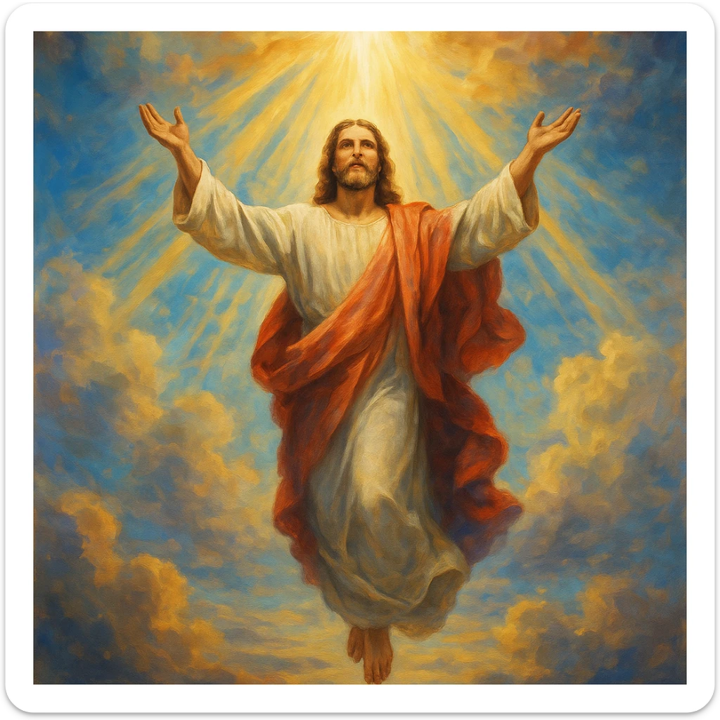 Jesus ascending into heaven, arms raised, the sky opening above with rays of light, uplifting and spiritual sticker