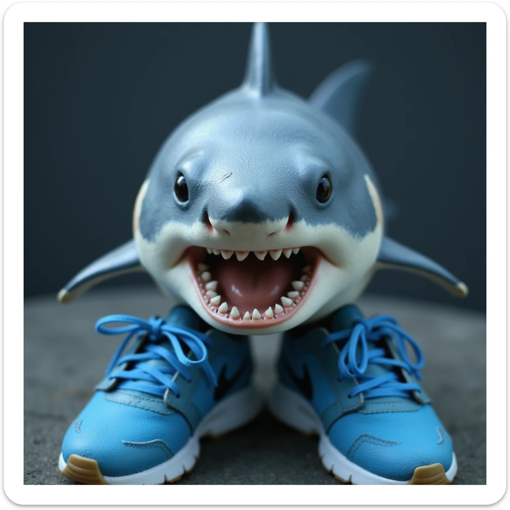 a lifelike shark with blue Nike shoes, close-up view sticker