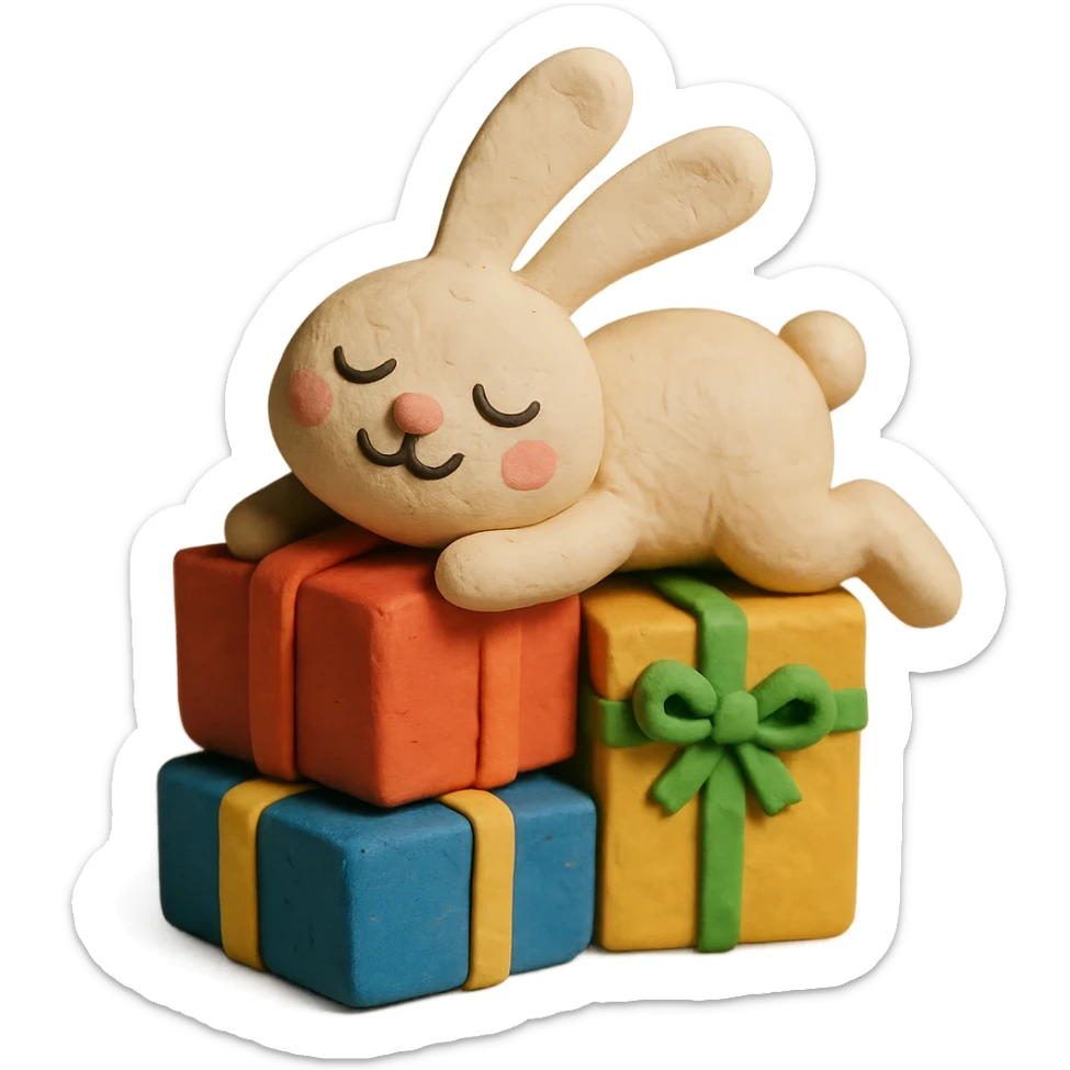 bunny lying on birthday gifts, sleepy and happy smile eyes, claymation style sticker