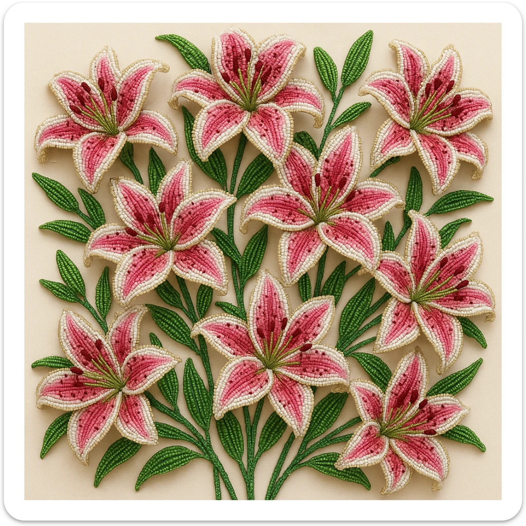 french beaded stargazer lilies, twelve flowers, vibrant pink and white, intricate beading, green stems and leaves, arranged artistically, close-up, realistic sticker