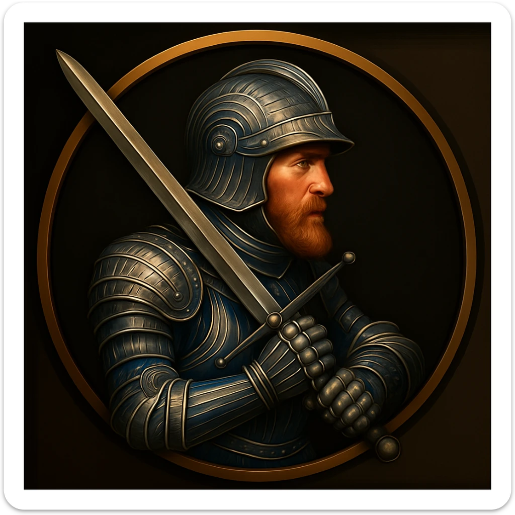 Add a helmet to the landsknecht dopplesoldner, matching the Maximilian German style armour with blue and silver accents sticker