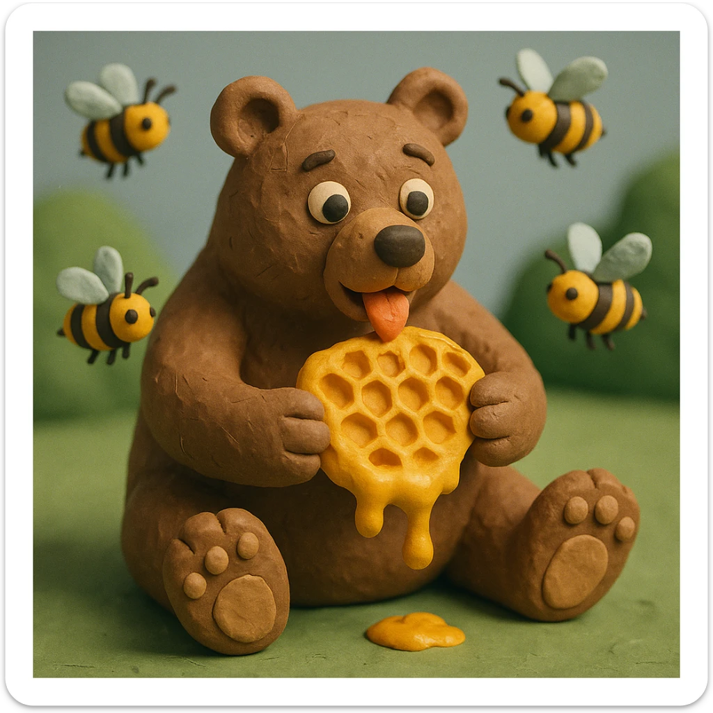 bear eating honeycomb with bees flying around sticker