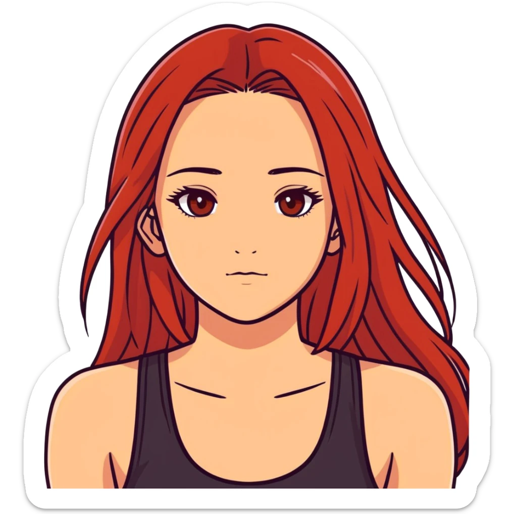 a girl with red long straight hair, brown eyes, long eyelashes, and a black tank top sticker