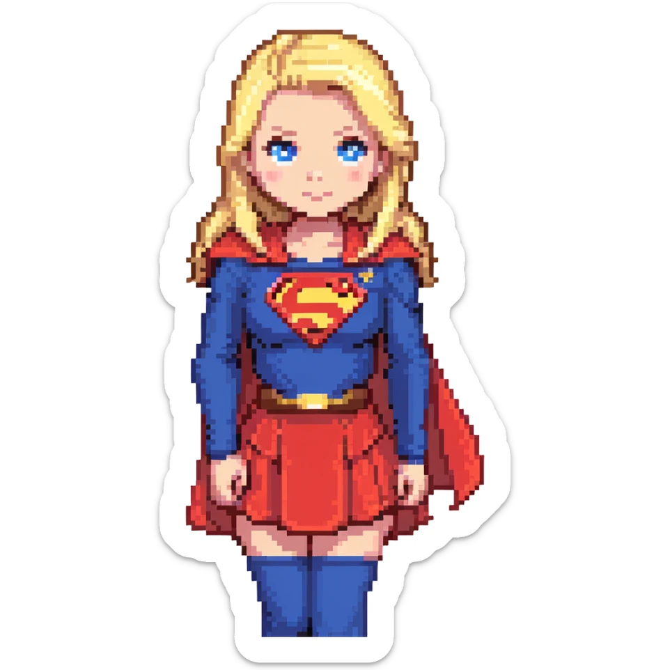 Supergirl superhero full body, blue suit with red skirt, red cape, blonde hair, and S emblem on chest sticker