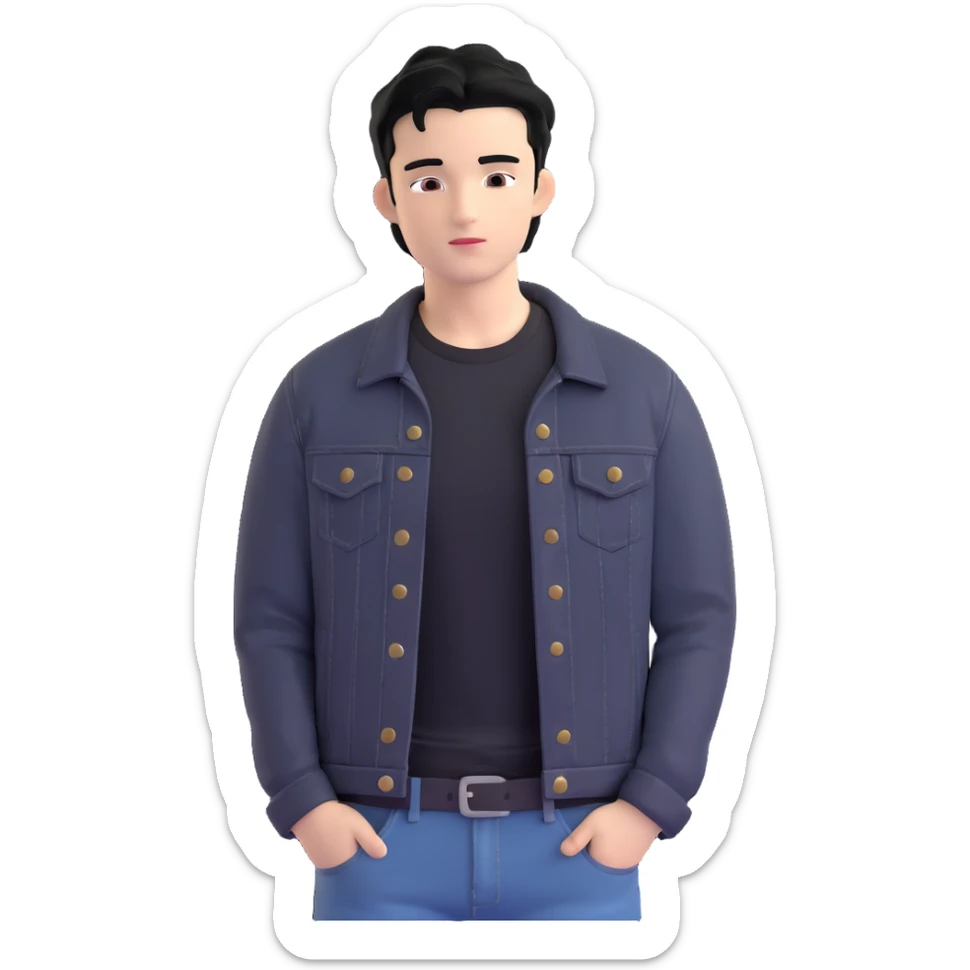 3D emoji style Microsoft, young man with black hair, wearing black t-shirt and black denim jacket, based on photo reference, slight shadow on face sticker