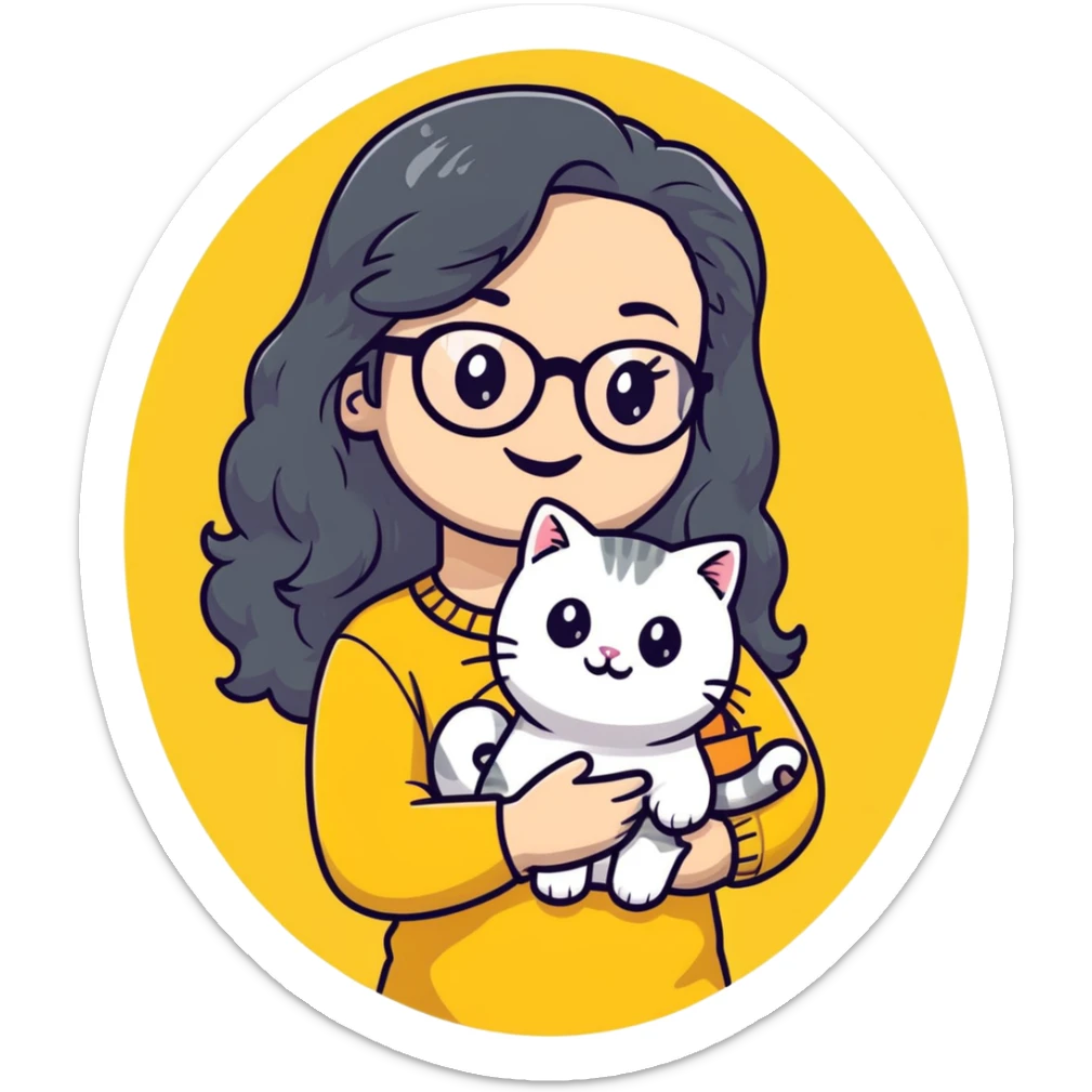 Young woman with warm yellow skin tone, oval face, long black wavy hair, thin-framed glasses, smiling while holding a grayish-white Munchkin cat with short legs and gray marking under its mouth sticker