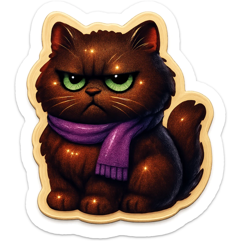 Fluffy grumpy cute dark-brown cat with green eyes and a purple scarf sticker