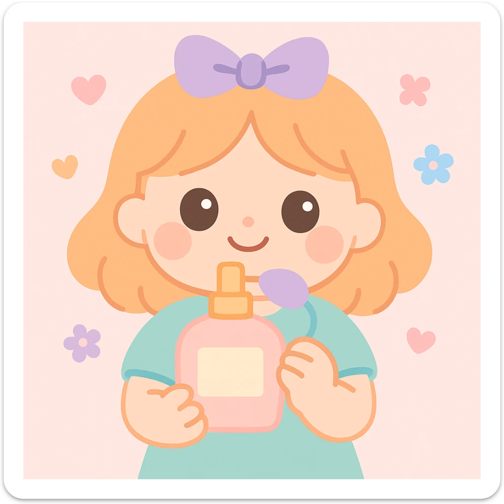 a cute girl holding a perfume bottle, surrounded by floating hearts and flowers, in a sweet and charming style sticker
